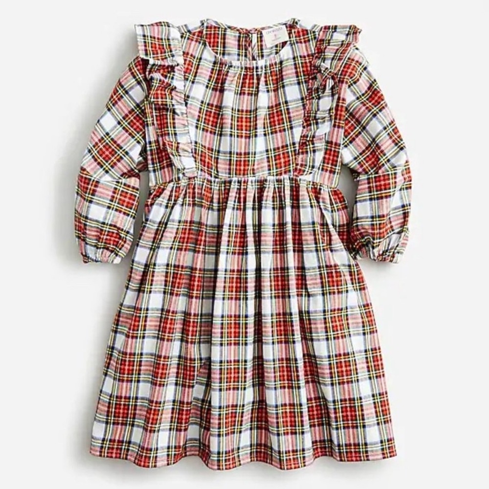 Crewcuts Girls' long-sleeve ruffle-shoulder dress in Snowy Stewart tartan